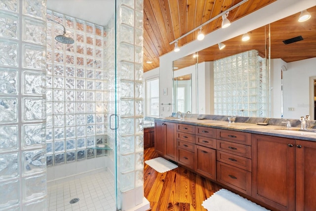 bathroom with vanity, wood ceiling, hardwood / wood-style floors, and an enclosed shower