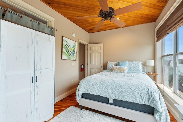 bedroom featuring ceiling fan, wooden ceiling, and hardwood / wood-style floors