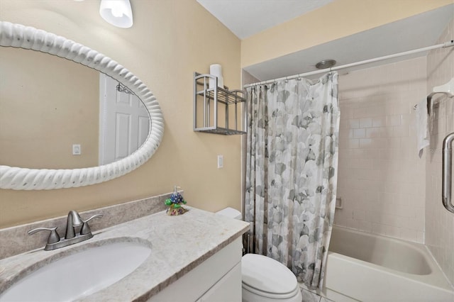 full bathroom with toilet, shower / bathtub combination with curtain, and vanity