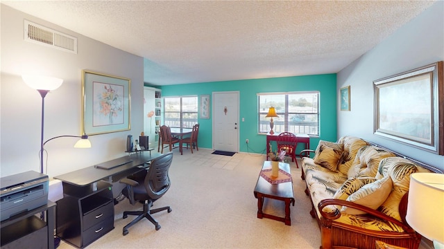 office space with carpet floors and a textured ceiling