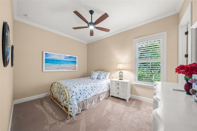 carpeted bedroom with multiple windows, crown molding, and ceiling fan