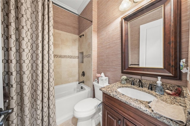 full bathroom featuring shower / tub combo, vanity, and toilet