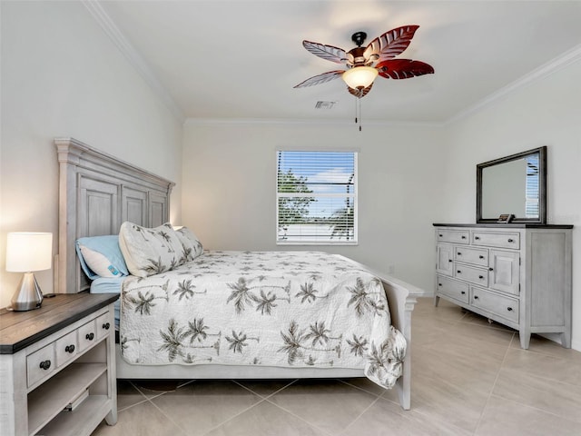 bedroom featuring ceiling fan, light tile patterned flooring, visible vents, and crown molding