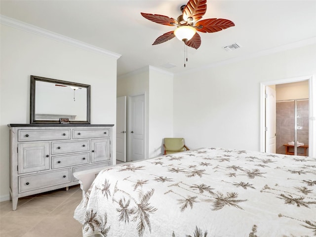 bedroom with visible vents, a ceiling fan, ensuite bath, ornamental molding, and light tile patterned flooring