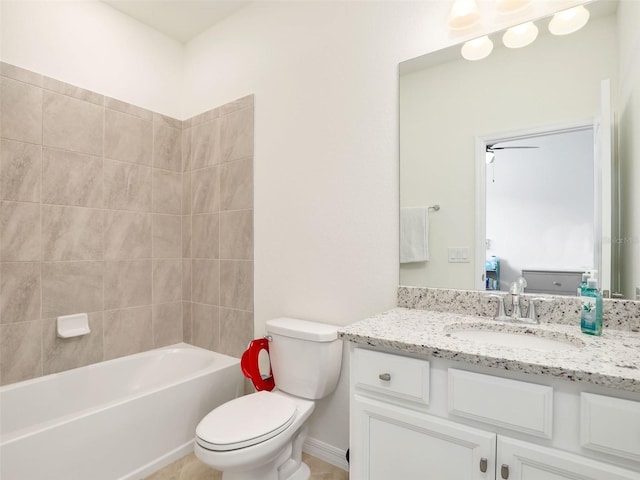 full bath with toilet, shower / bath combination, baseboards, and vanity