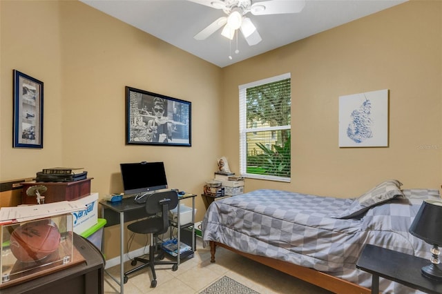 bedroom featuring ceiling fan and light tile patterned floors