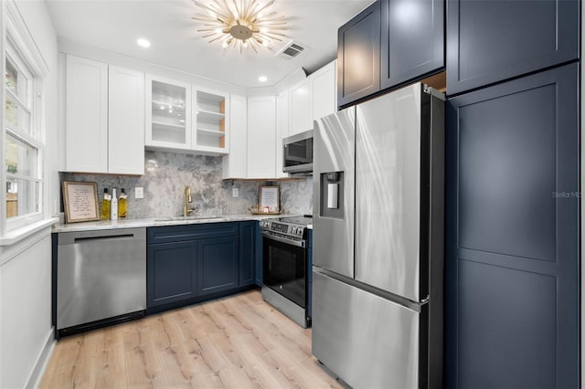 kitchen with white cabinets, sink, stainless steel appliances, and light hardwood / wood-style flooring