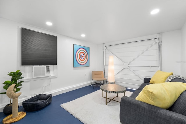 living room featuring concrete flooring and cooling unit