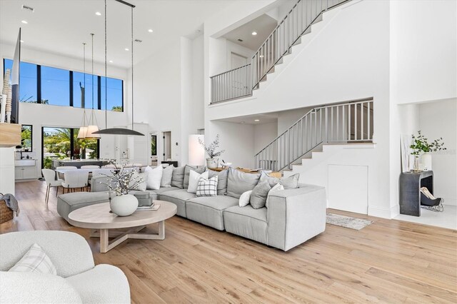 living room with a high ceiling and light hardwood / wood-style floors