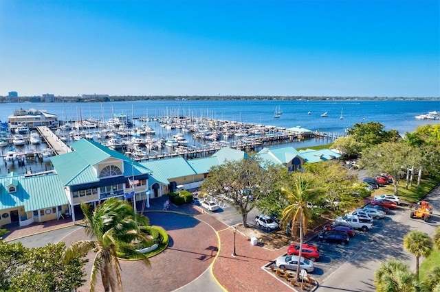 drone / aerial view with a water view