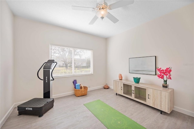 exercise room featuring ceiling fan, light hardwood / wood-style flooring, and a textured ceiling