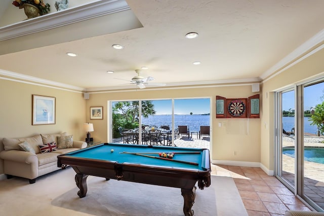 playroom with ceiling fan, billiards, a water view, and ornamental molding