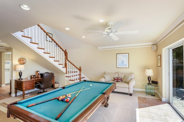 game room with ceiling fan, crown molding, and billiards