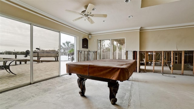 playroom with ceiling fan, billiards, and ornamental molding