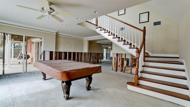 game room with ceiling fan, pool table, concrete floors, and ornamental molding