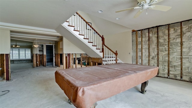 recreation room with ceiling fan, pool table, and concrete floors