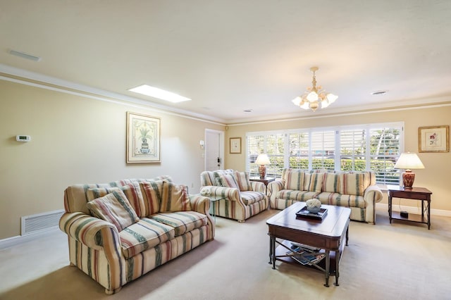 carpeted living room with a chandelier and ornamental molding