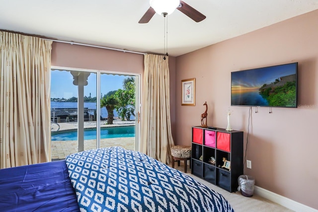 bedroom featuring ceiling fan and access to outside