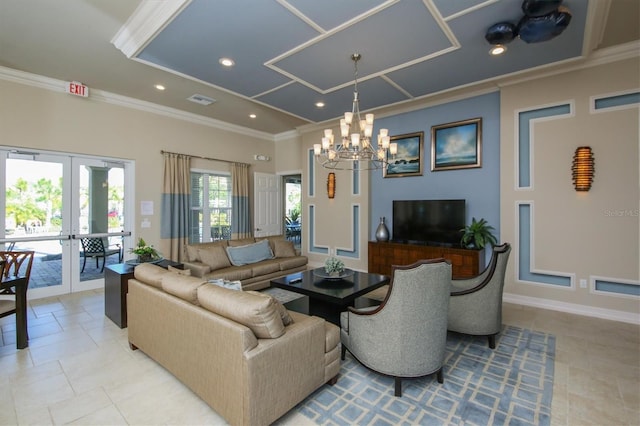 tiled living room featuring crown molding and french doors