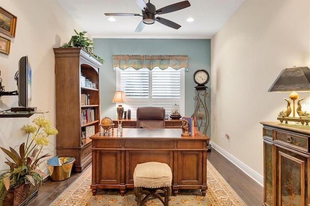 office with ceiling fan and dark hardwood / wood-style floors