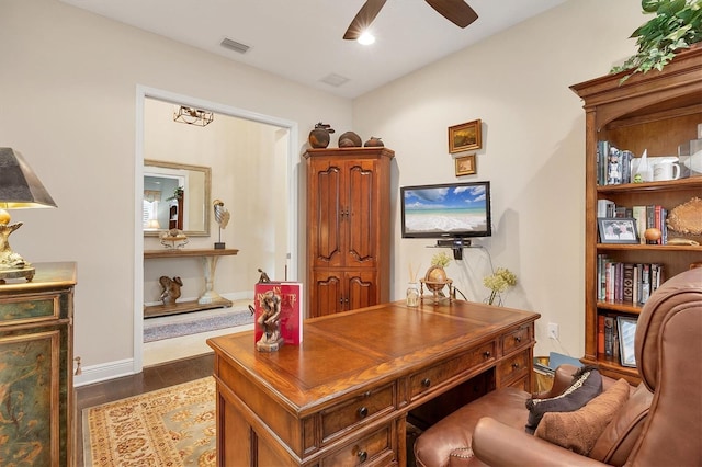 office featuring ceiling fan and dark wood-type flooring