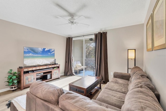 living room with ceiling fan, light wood-type flooring, crown molding, and a textured ceiling