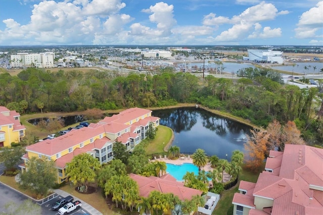 drone / aerial view with a water view