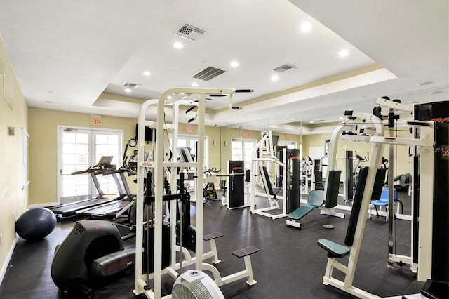 gym featuring french doors, plenty of natural light, and a tray ceiling