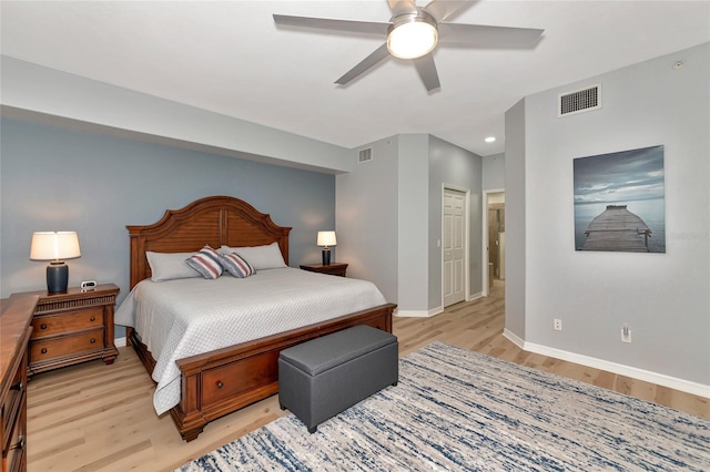 bedroom featuring ceiling fan, a closet, and light hardwood / wood-style flooring