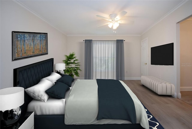 bedroom featuring ceiling fan, crown molding, and hardwood / wood-style floors