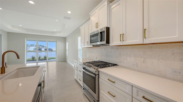 kitchen with white cabinets, appliances with stainless steel finishes, sink, backsplash, and a tray ceiling