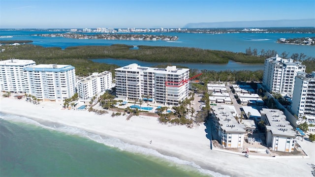 drone / aerial view with a water view and a view of the beach