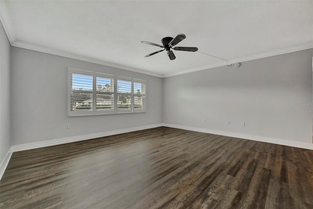 spare room featuring ceiling fan, crown molding, and dark hardwood / wood-style floors