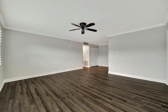 unfurnished living room featuring ceiling fan, dark wood-type flooring, and crown molding