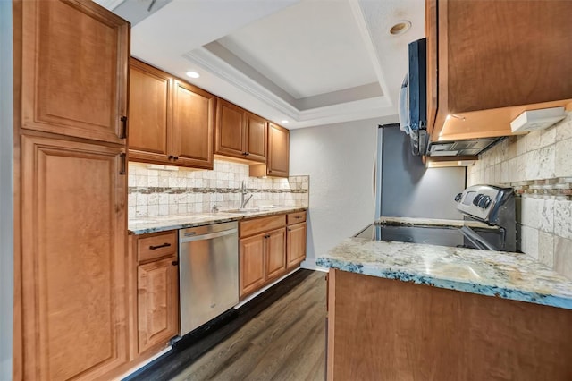 kitchen with a raised ceiling, light stone countertops, sink, and stainless steel appliances