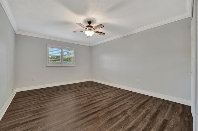 spare room featuring a textured ceiling, ceiling fan, crown molding, and dark hardwood / wood-style floors