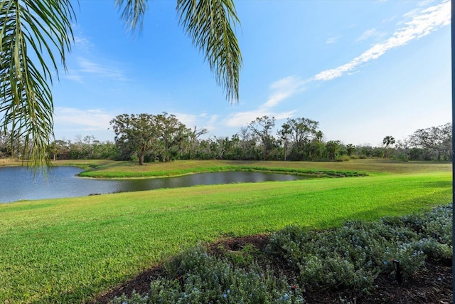 view of property's community with a lawn and a water view