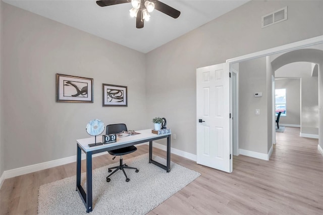 14146 Cattle Egret Pl, Bradenton, FL 34202 - home office with ceiling fan and light hardwood / wood-style flooring