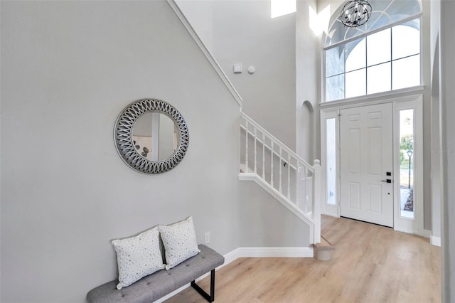 14146 Cattle Egret Pl, Bradenton, FL 34202 - entryway with light hardwood / wood-style floors, a towering ceiling, and a notable chandelier