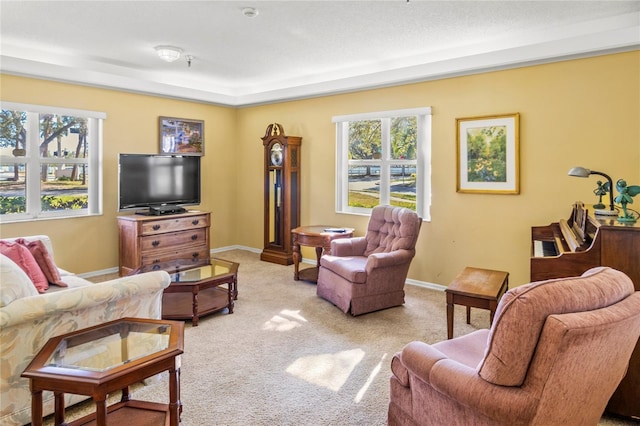 living room featuring light carpet, a wealth of natural light, and a tray ceiling