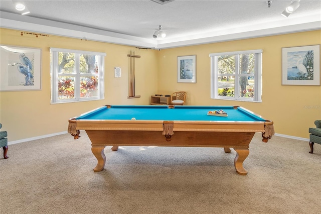 playroom featuring a tray ceiling, a textured ceiling, billiards, and carpet floors