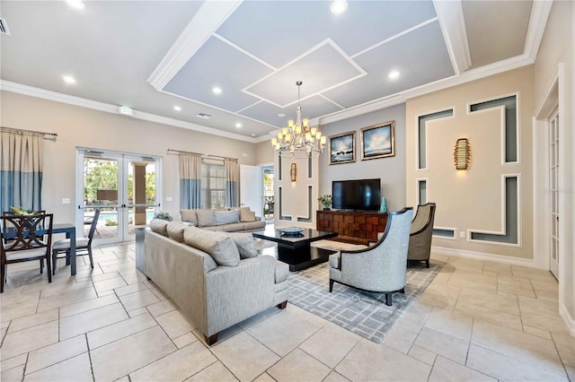 tiled living room featuring crown molding, french doors, and a notable chandelier