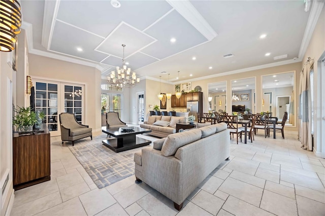 living room featuring light tile patterned flooring, crown molding, french doors, and a notable chandelier