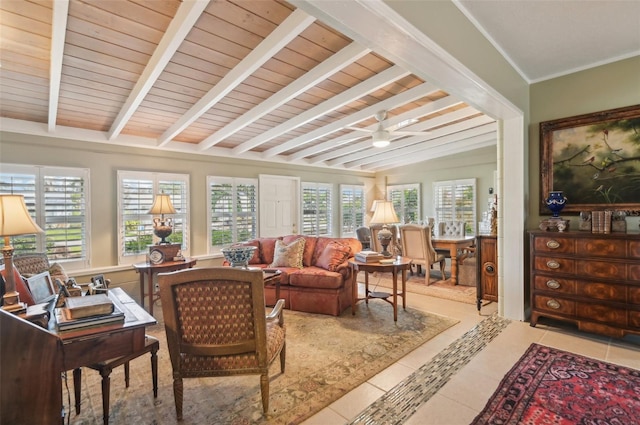 interior space featuring ceiling fan, lofted ceiling with beams, and wooden ceiling