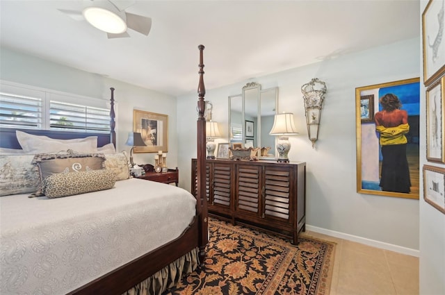 tiled bedroom with ceiling fan