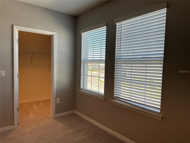 interior space with a closet, a walk in closet, and light colored carpet