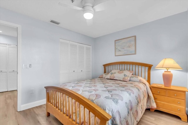 bedroom featuring ceiling fan, a closet, and light wood-type flooring