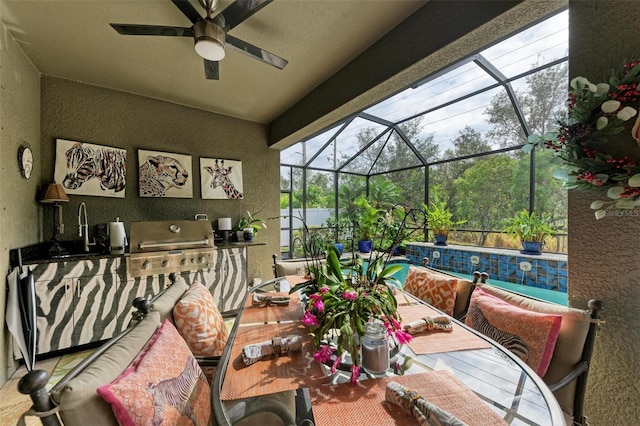 view of patio with an outdoor living space, sink, and exterior kitchen