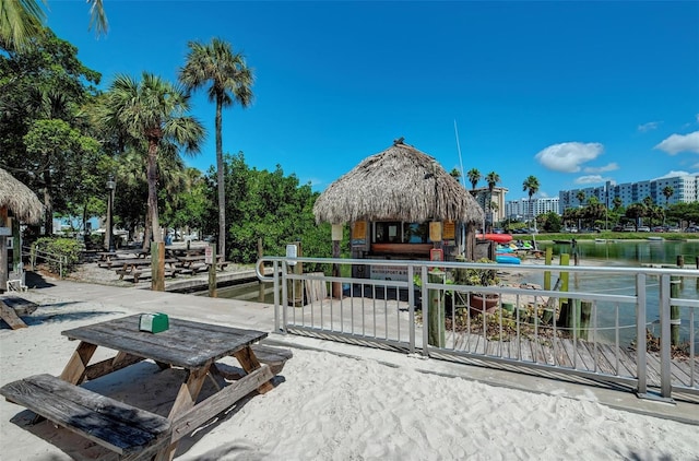 view of property's community featuring a gazebo and a water view