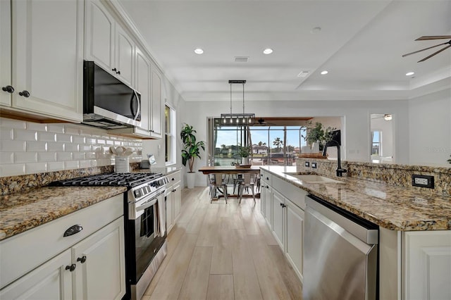 kitchen featuring white cabinetry, ceiling fan, appliances with stainless steel finishes, a tray ceiling, and sink